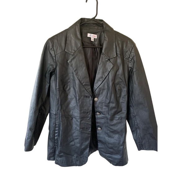 Black Real Leather Women's L Blazer Jacket Button Front Classic d & co. - Picture 1 of 9